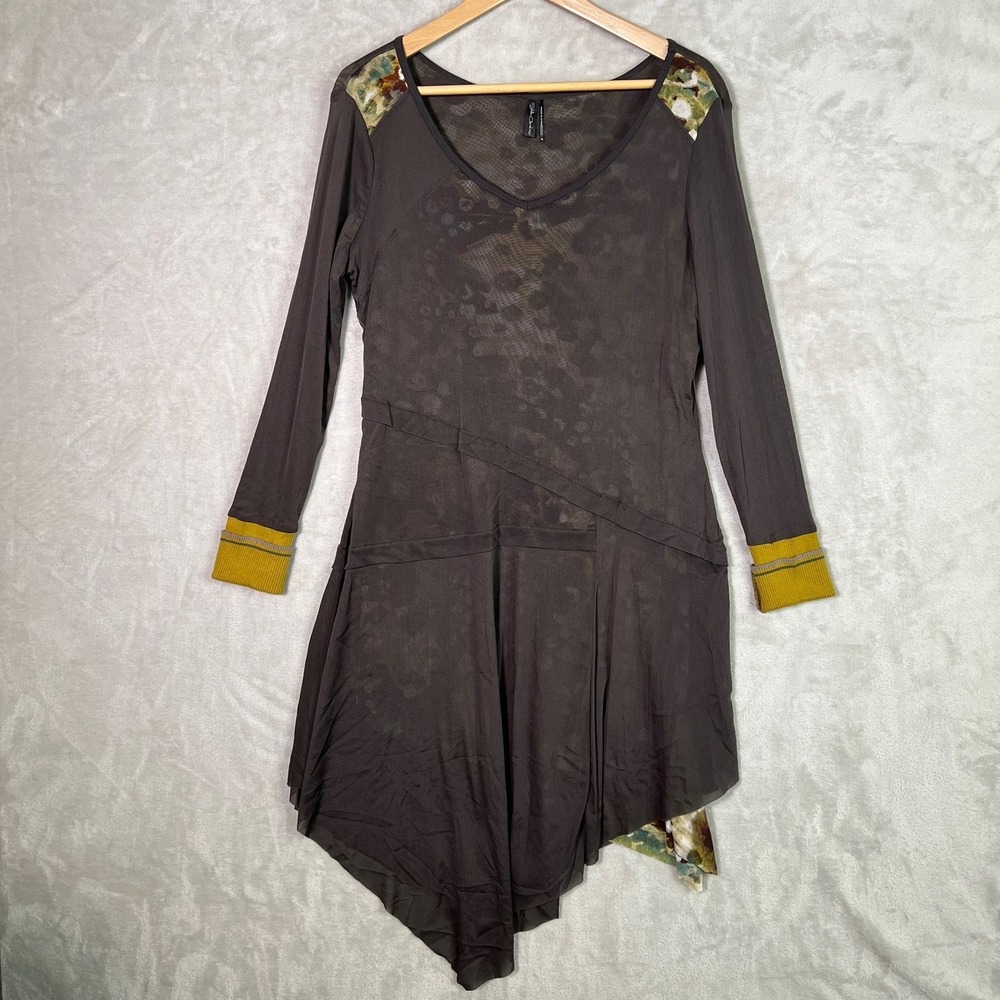 Stella Carakasi Sheer‎ Asymmetrical Tunic Dress Medium Brown Abstract Artsy